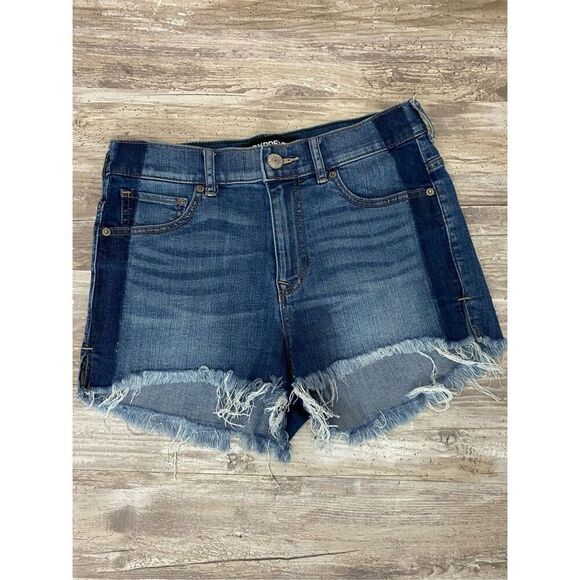 Express Shortie High Rise Jean Shorts Raw Hem Stretch Women’s Sz 2 - Picture 1 of 3